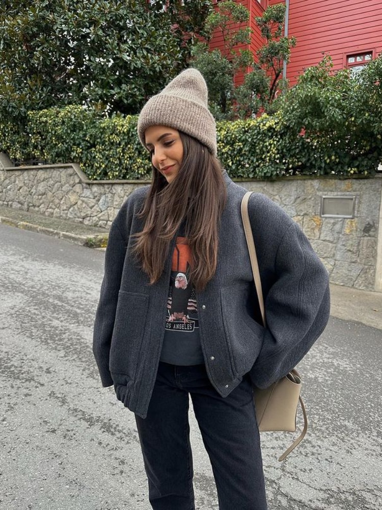 RR2311 wool blends bombers jackets oversized With Button Solid Long Sleeve Top Coat Casual Loose Winter Warm Woman traf Jackets