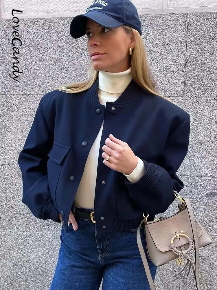 2023 Spring Casual Dark Blue Bomber Jacket Women Fashion Single Breasted Cropped Outerwear Ladies Chic Street Pocket Coat