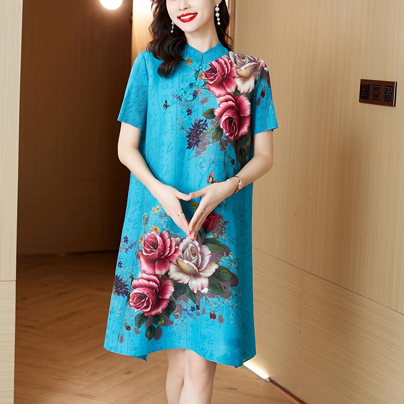 Dresses For Women 2023 Korean Fashion Summer Vintage Silk Printed Dress Women Short Sleeve Sundress Women Vestidos Lady Dress